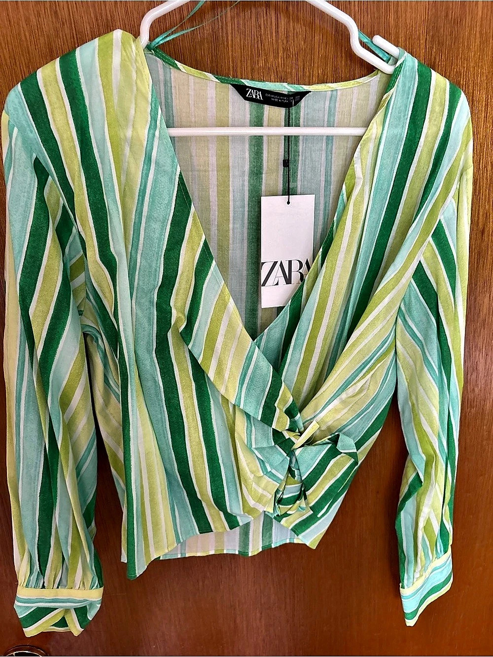 Zara Striped Wrap Front Blouse in Green & White Size Medium NWT